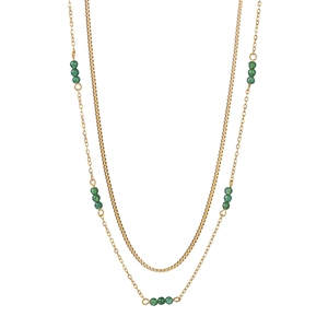 Double-layer gold stainless steel necklace with faceted green beads in a stacked design