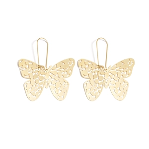 Elegant gold hollow butterfly dangle earrings in stainless steel on white background