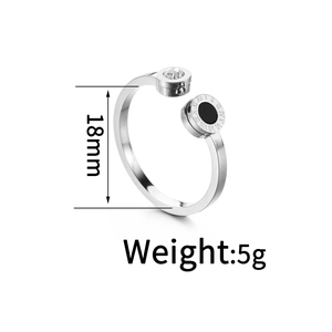 Silver geometric open ring with Roman numeral black disc and sparkling round zircon