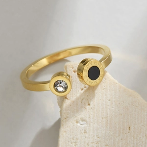 Minimalist Stainless Steel Open Ring For Women Geometric Round Roman Numerals Black Inlay Zircon Adjustable Fashion Jewelry
