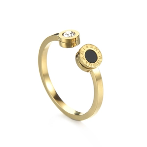 Gold stainless steel open ring featuring Roman numerals, black disk, and a clear zircon stone