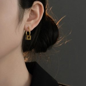 Evil Eye Cube Pendant Hoop Earrings Stainless Steel Gold Plated Enamel Retro French Style Jewelry For Women