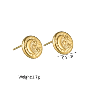 Gold celestial stud earrings featuring embossed moon and stars design in polished finish