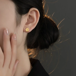 Moon Star Round Stainless Steel Stud Earrings Gold Plated Celestial Embossed Geometric Minimalist Chic Jewelry Women