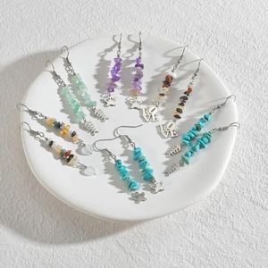 Bohemian style set of 7 colorful crushed stone earrings with butterfly and fish charms