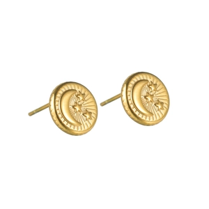 Vintage golden star and moon embossed round stud earrings with bohemian sunburst pattern