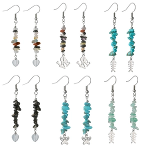 Set of six stainless steel drop earrings with colorful stones and bohemian metal charms