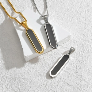 Minimalist geometric rectangular pendant necklaces in gold and silver finish with black enamel