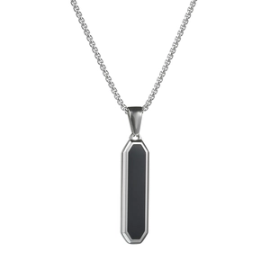 Minimalist stainless steel geometric bar necklace with black inlay on box chain for men