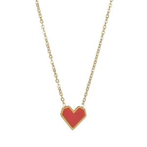 Golden chain necklace with a red heart pendant featuring micro-bead edging detail