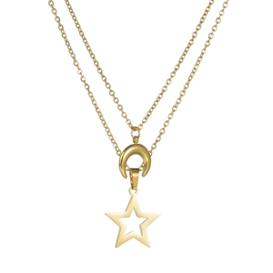 Detailed view of layered gold necklace featuring a crescent moon and hollow star pendant