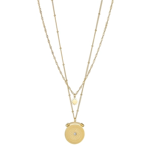 Close-up of double-layer gold necklace featuring sunburst and coin pendants with crystals