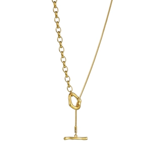 Macro view of gold asymmetrical Y-necklace with mixed chunky chain and T-bar pendant