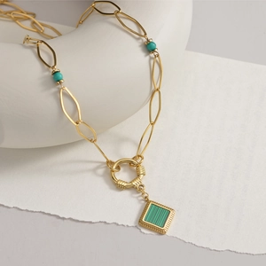 Collana Con Pendente Quadrato Vintage Verde Finta Malachite Acciaio Inossidabile Placcato Oro Stile Francese Gioielli Donna