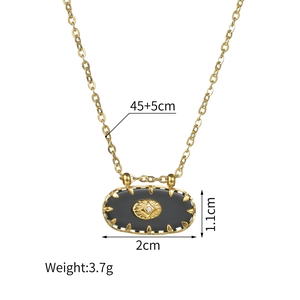 Gold stainless steel oval pendant necklace with black center and sparkling zircon eye