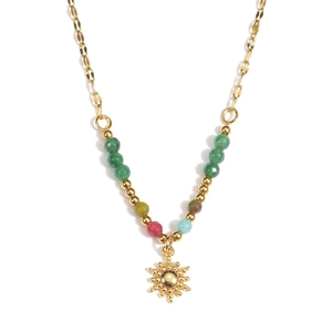 Golden sun pendant necklace with bohemian colorful beads on minimalist chain