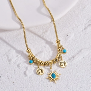 Collier Pendentif Arbre De Vie Soleil Acier Inoxydable Plaqué Or Pierre Style Turquoise Chaîne Serpent Bijoux Bohèmes Femmes