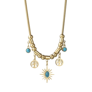 Collier bohème en acier inoxydable doré avec arbre de vie et pendentifs turquoise
