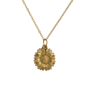 Pendentif tournesol vintage doré avec médaillon ouvrable et chaîne à maillons fins