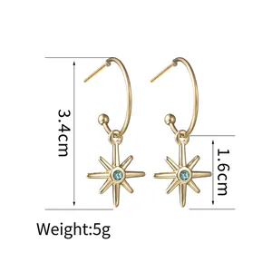 Minimalist gold-plated starburst earrings with light blue gemstone in 3.4cm length