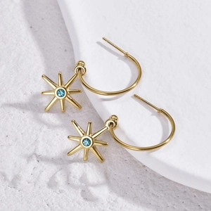 Eight Pointed Starburst Drop Earrings Gold Plated Stainless Steel Blue Zircon Pendant Dainty Minimalist Celestial Jewelry