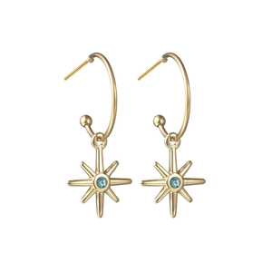 Elegant gold hoop earrings featuring light blue gemstone octagram star pendants