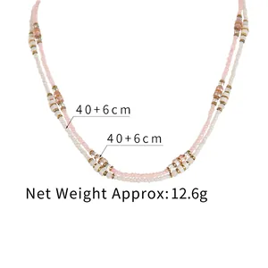 14K gold stainless steel beaded necklace with pink and white beads, length 40+6cm