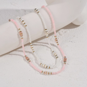 Double Layer Beaded Necklace Stainless Steel 14K Gold Plated Pink White Colorful Geometric Bohemian Jewelry For Women