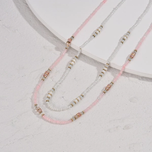 Handmade 14K gold plated stainless steel layered beaded necklace with pink and white beads