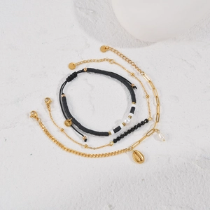 Stainless Steel Bracelet Set 14K Gold Plated Bohemian Soft Clay Artificial Pearl Shell Charms Layered Hand Jewelry For Women