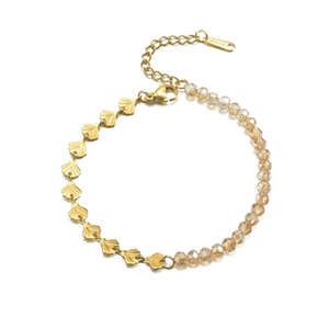 Minimalist stainless steel scallop shell and champagne crystal bead bracelet with gold finish