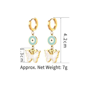 14K gold plated evil eye and butterfly drop earrings for women with dimensions