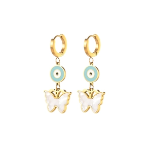 Detailed view of 14K gold butterfly earrings with blue evil eye and mother of pearl