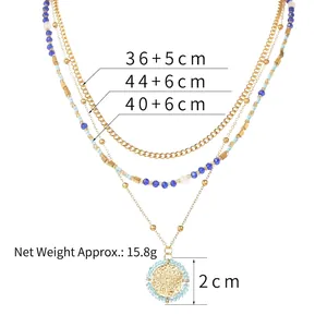 Collar de varias capas en acero inoxidable chapado en oro 14K con cuentas y moneda