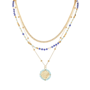 Collar de capas de acero inoxidable oro 14K con colgante de moneda y cuentas azules