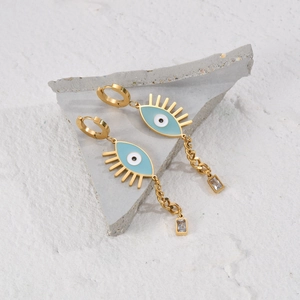 Evil eye hoop earrings in 14K gold stainless steel with enamel lashes and zircon drop