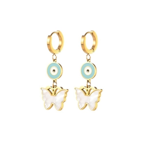 14K gold plated stainless steel evil eye and white shell butterfly dangle earrings