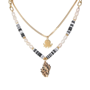 Zweilagige 14K Gold Oktopus Halskette mit Perlen und einem natürlichen Muschel-Anhänger