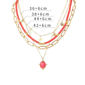 Collier bohème à quatre rangs en acier inoxydable doré 14K avec perles rouges