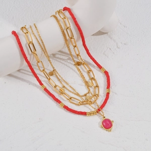 Collier Multirang Plaqué Or 14K Acier Inoxydable Argile Polymère Rouge Breloques Fleurs Pendentif Pierre Ovale Rose Bijoux