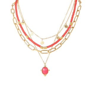 Collier multi-rangs en acier inoxydable 14K avec perles rouges et pendentif ovale