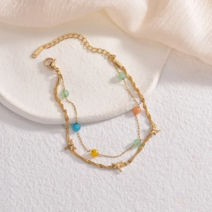 Double Layer Stainless Steel Bracelet With Colorful Beads And Dragonfly Charms Gold Plated Retro Jewelry For Women