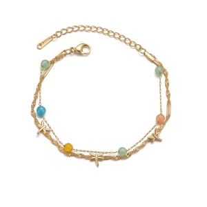 Double-layered gold stainless steel bracelet with colorful beads and dragonfly charms