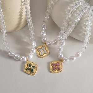 Collier Pendentif Fleur Vintage Avec Künstliche Perles Baroques En Acier Inoxydable Et Zircon Pour Femme Bijoux Perlés Ovales