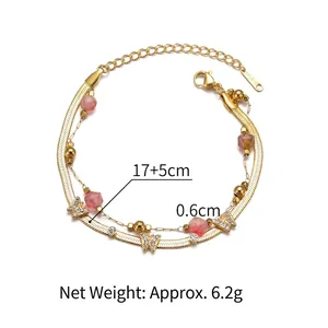 Bracelet double couche en acier doré 14K avec breloque papillon et perles roses