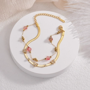 Bracelet Double Couche Papillon Acier Inoxydable Plaqué Or 14K Perles Roses Chaîne Serpent Pour Femmes Zirconium Élégant