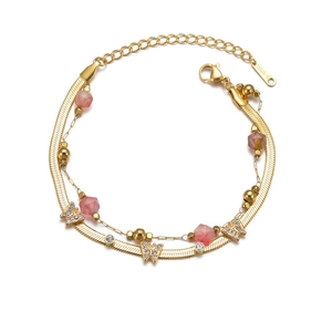 Bracelet double rang en acier inoxydable doré 14K avec papillons et perles roses