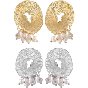Chunky gold and silver metallic earrings with hammered texture and cluster pearl drops