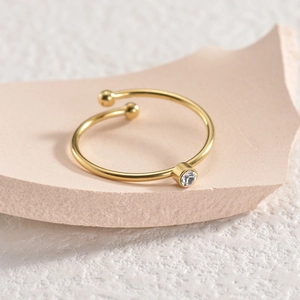 Bague ouverte minimaliste en acier inoxydable plaqué or 14K avec diamant et perles