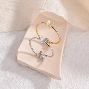 Butterfly Adjustable Ring Stainless Steel 14K Gold Plated Frosted Minimalist Ins Style Jewelry For Women